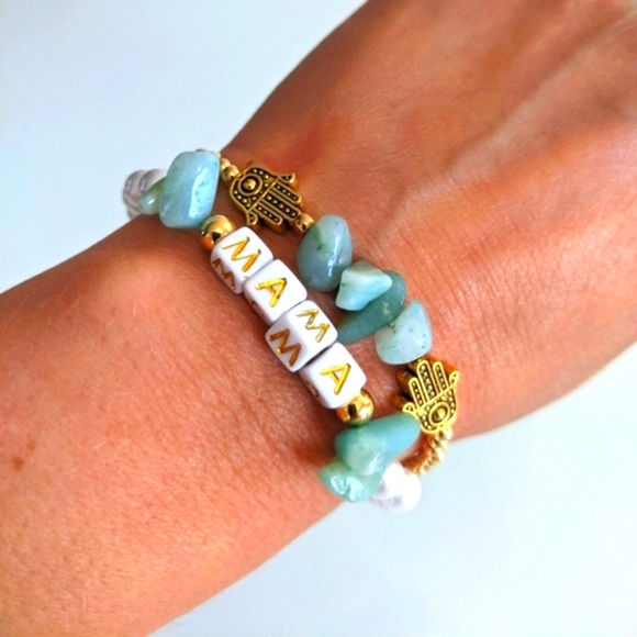 2 stone, gold plated beads, pearl & lettered bracelet stackable - Picture 3 of 11